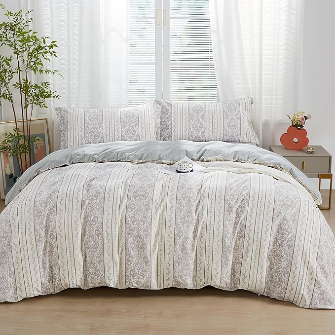 SAPHREAS Grey White Boho Duvet Cover Set Cotton,Modern All Season Bedding Set with Sham 3 Pieces Gray Comforter Set Soft and Lightweight King 1 Duvet Cover 2 Pillow Shams(Insert Excluded)