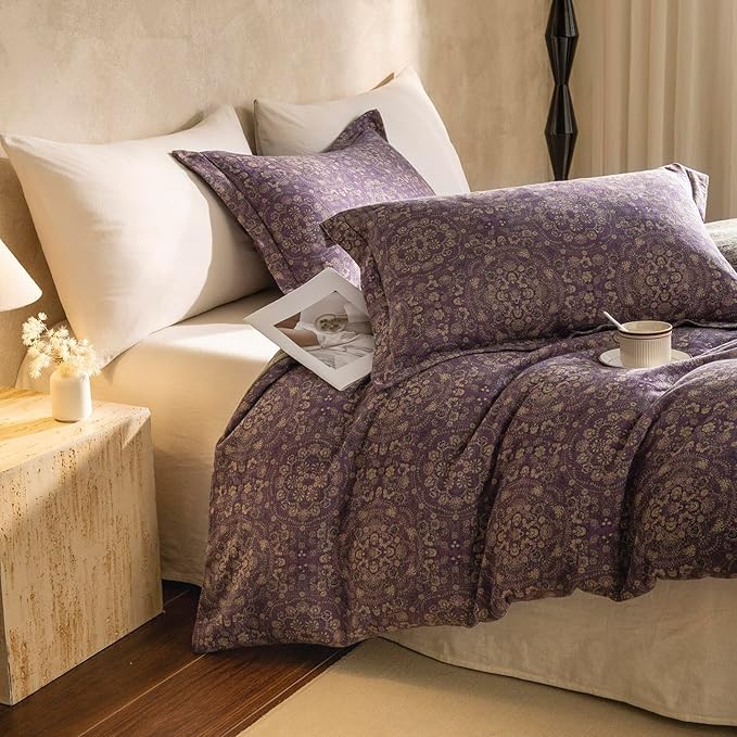 LifeTB Jacquard Retro Flower Duvet Cover Twin Purple Green Floral Duvet Cover Set Jacquard Yarn-Dyed Cotton Boho Medallion Bedding Set Reversible Retro Flower Comforter Cover with Zipper Closure