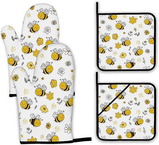 Cute Bee Oven Mitts and Pot Holders,Flower Heat Resistant Oven Mitts Gloves and Pot Holder for Home Kitchen Decorations Cooking Baking BBQ Gifts,Set of 4