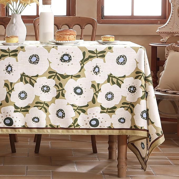 Designer Vintage Square Tablecloth,Linen French Tablecloth with White Floral Pattern,Decorative Table Cover for Kitchen,Dining,Thanksgiving,Tea Party,67" × 67"-Hidaka