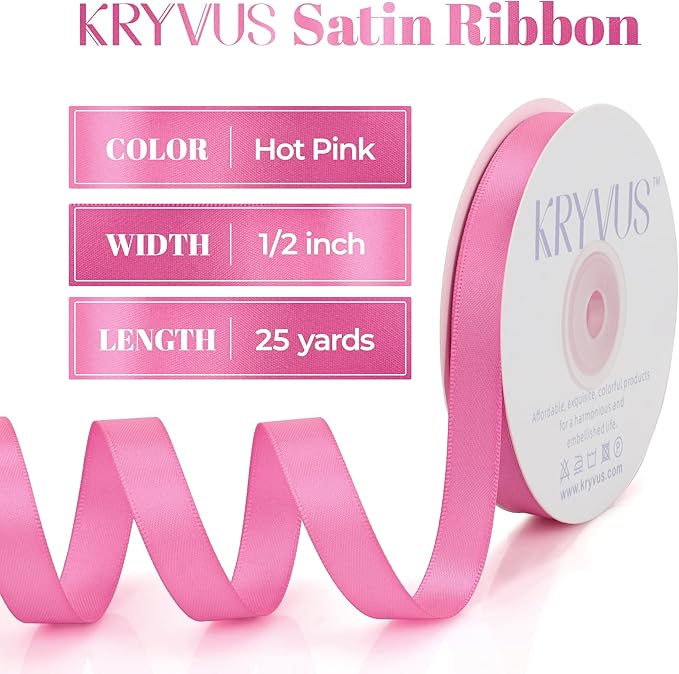 Hot Pink Satin Ribbon, Double Faced 1/2 Inch X 25 Yards Hot Pink Ribbon, Premium Satin Ribbon for Gift Wrapping, Crafts, Hair Bow Making, Sewing, Flower Bouquet, Wedding Party Decor