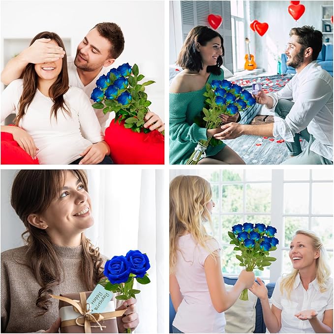Wondrus Bulk Artificial Flowers 50 PCS, Fake Velvet Silk Blue Roses with Long Stems Realistic Bouquet for Wedding Centerpieces, Faux Arrangement for Home Table Decor