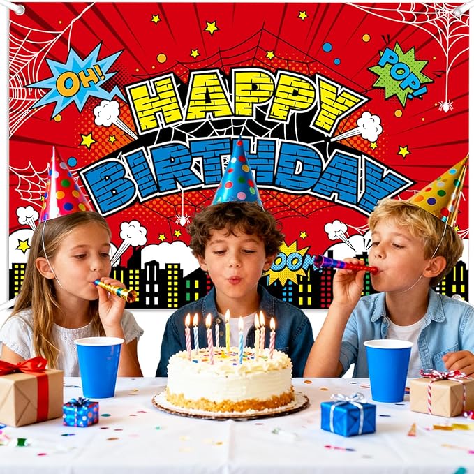 Spider Birthday Backdrop, 150x100cm/5x3ft Red Polyester Large Spider Web Happy Birthday Banner Backdrop for Boys Girls Themed Party Decorations & Photo Booth Props