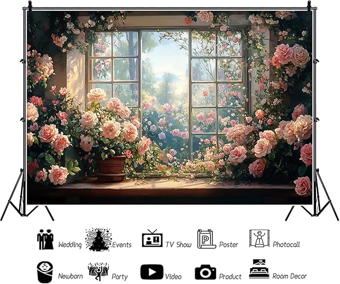 Baocicco 10x8ft Window Floral Backdrop Photography Flowers Wedding Bridal Shower Photography Background Retro Oil Painting Flower Banner for Girls Women Birthday Newborn Party Decorations Props