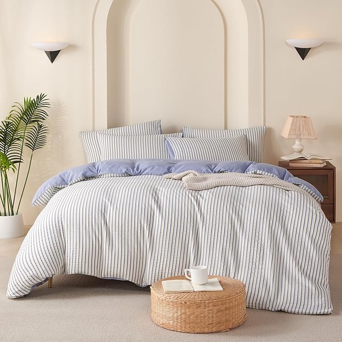 Striped Duvet Cover Queen Blue Washed Microfiber Jacquard 3 Pieces Bedding Set, White Blue Vertical Ticking Stripes Pattern Comforter Cover with Zipper Closure Breathable Durable Soft Comfy
