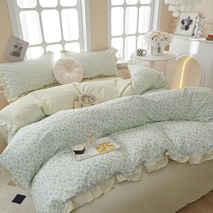 VM VOUGEMARKET Green Comforter Set Twin with Lace Edge Blue Flower Bedding Comforter Set Reversible Romantic Ruffle Comfroter Cover with 2 Pillow Shams(3pcs,Twin XL)