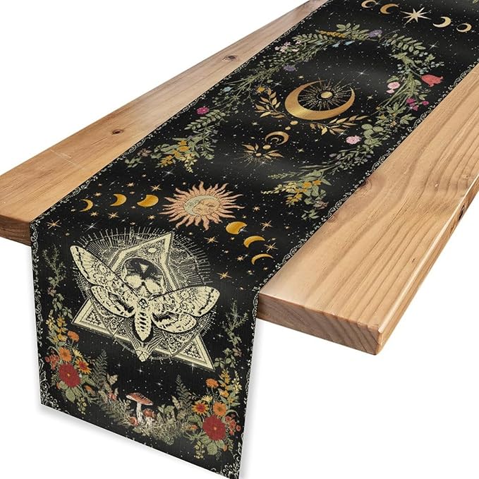 Gothic Moth Table Runner, Boho Gothic Sun Moon Phase Wildflower Mystical Witchy Farmhouse Coffee Table Center Decor for Home Kitchen Dining Patio Holiday Party Table Decorations 13x72 inches