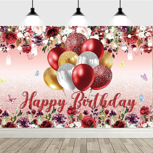 YinQin 180x120 cm Red Golden Flower Happy Birthday Party Photo Backdrops Cloth 71x47 inch Bday Photography Backgrounds Glitter Flower Golden Happy Birthday Sign Banners Decorations for Women Girl