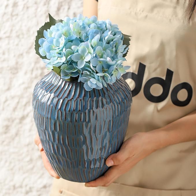 Blue Ceramic Vase for Home Decor,7.8 Inch Flower Vases，Decorative Vase for Pampas Grass，Modern Art Texture Vases for Home Entryway Living Room Dining Table Farmhouse Office Decor- Blue