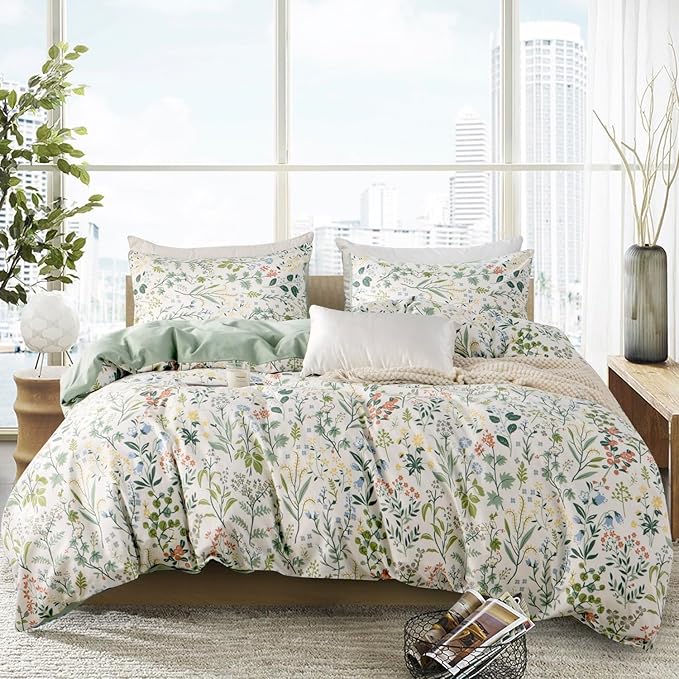 Floral Comforter Set King Soft Bedding Comforter Set 3 Pieces Lightweight Garden Style Green Red Flower Print Botanical Flowers Comforter Set 1 Comforter and 2 Pillowcases (Floral, King)