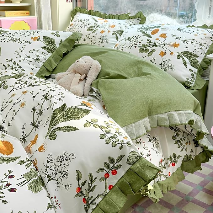 Vintage Green Floral Duvet Cover King 100% Cotton Ruffle Duvet Cover Aesthetic Flower Comforter Cover Green Ruffle Bedding Cottagecore Comforter Cover Boho Farmhouse Duvet Cover with Zipper Closure