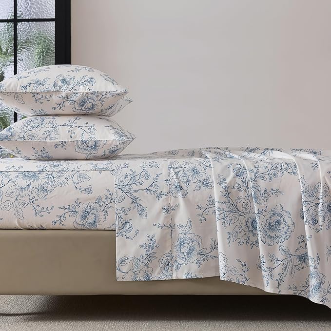 FADFAY 100% Cotton Blue Floral Bed Sheet Set, French Country Cottagecore Bedding 4Pcs, Luxury Soft Breathable Cooling Sheets with Deep Pocket Fitted Sheet, Flat Sheet & Pillowcases, Full