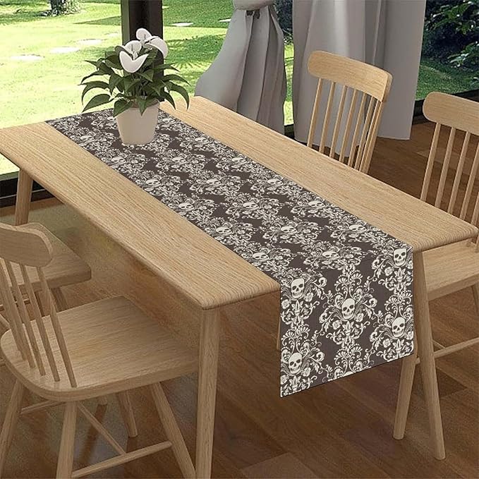 Vintage Gothic Table Runner, Retro Baroque Luxury Dark Skull Day of Death Witchy Coffee Table Center Decor for Home Kitchen Dining Patio Holiday Party Table Decorations 13x72 inches