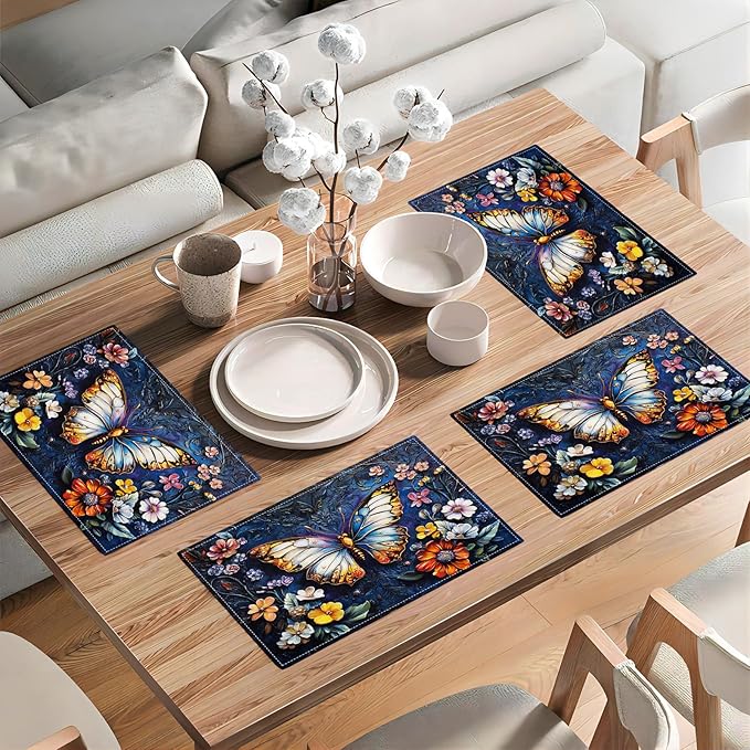 Colorful Butterfly Placemats Set of 6, Spring Place Mats, Florals Dining Table Mats, Rustic Washable Placemats for Kitchen Dining Room Home Decor 18L'' × 12W''