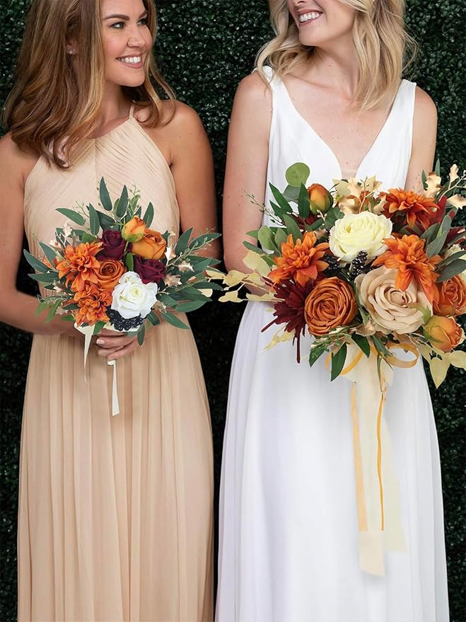 Rinlong Fall Wedding Bouquets for Bridesmaids Burnt Orange Bridesmaid Artificial Flowers Terracotta Bouquet Wedding Prom Homecoming