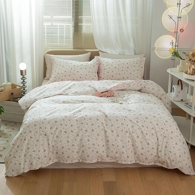 HighBuy Vintage Floral Comforter Set King Size White Pink Floral Bedding Sets Aesthetic Chic Flower Botanical Comforter Set for King Bed,1 Pink Floral Comforter with 2 Pillowcases,All Season