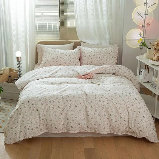 Chic Pink Floral Comforter Set Queen White Botanical Coquette Bedding Comforter Set Boho Bedding Sets for Queen Bed,Aesthetic Flower Comforter Sets for Girl,1 Floral Comforter and 2 Pillowcases