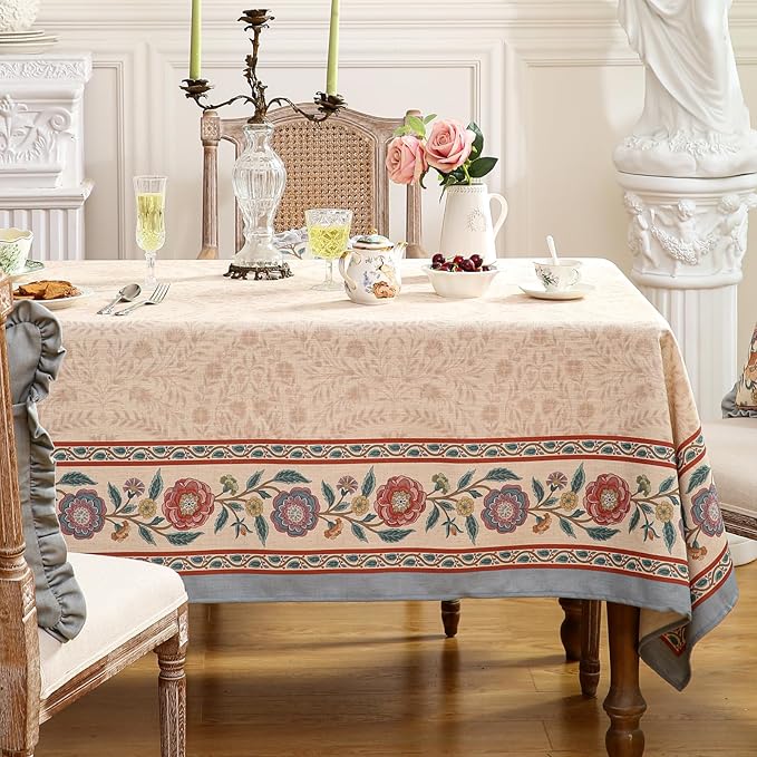 Beige Linen Rectangle Tablecloth,Vintage Indian Style Soft and Colorfast Floral Tablecloths,Decor Table Cover for Kitchen,Dining,Party,Thanksgiving,Christmas,63"*87"-Flowershadow E