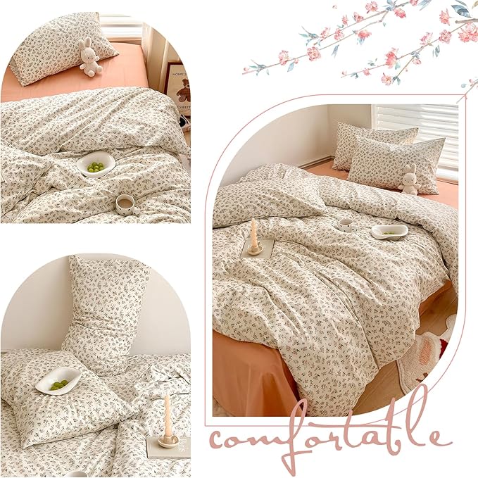 Aesthetic Floral Duvet Cover Twin 100% Cotton Boho Floral Comforter Cover White Chic Botanical French Style Duvet Cover Pink Floral Girls Flower Comforter Cover Vintage Cottagecore Bedding Set Twin