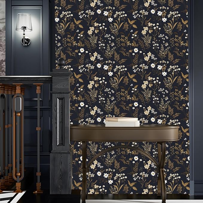 Dark Floral Wallpaper Peel and Stick 17.5in x 118in Navy Gold Leaf Wallpaper Vinyl Waterproof Self-Adhesive Boho Dark Blue Botanical Wall Paper Mural for Bookcase Bedroom Cabinet Decor
