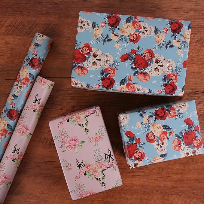 Aimyoo Blue Red Floral Skull Kraft Wrapping Paper Jumbo Roll, Gothic Flower Gift Wrap Paper for Birthday Bridal Shower 17 in x 60 ft
