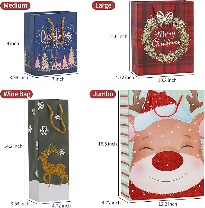 Smarimple Christmas Gift Bags 16 PCS Christmas Bags Bulk Assorted Sizes with Handles and 12 Sheet Tissue Papers 16 Holiday Designs 3 Jumbo 5 Large 6 Medium 2 Wine Bags for Xmas Holiday Present