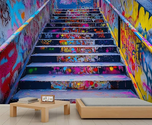 Graffiti Staircase Wall Mural, Urban Street Art 3D Wall Murals, Modern Hip-Hop Colorful Graffiti Steps Wallpaper Mural, for Living Room Bedroom Large Wallpaper Indoor Decor 118" W x 82.6 "H