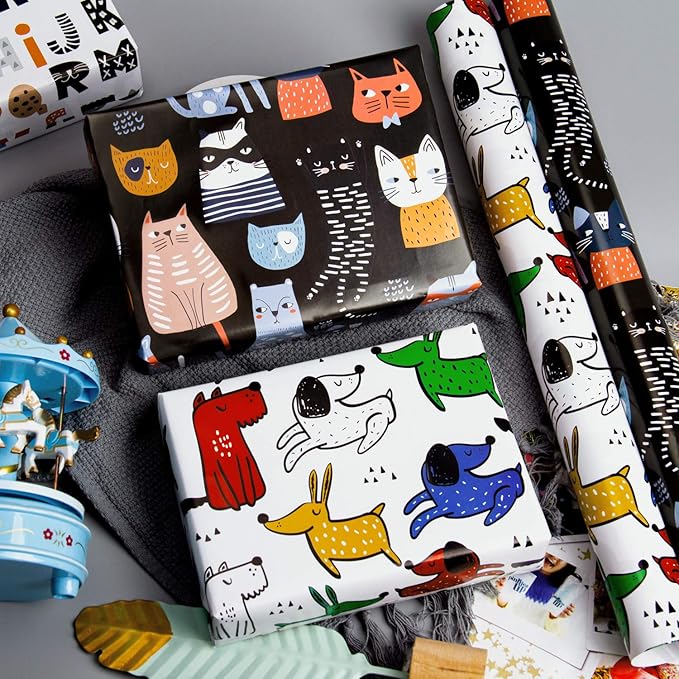 WRAPAHOLIC Wrapping Paper Sheet - 12 Sheets Cute Animal Design for Birthday, Holiday, Party, Baby Shower - 17.5 Inch x 39.3 Inch Per Sheet