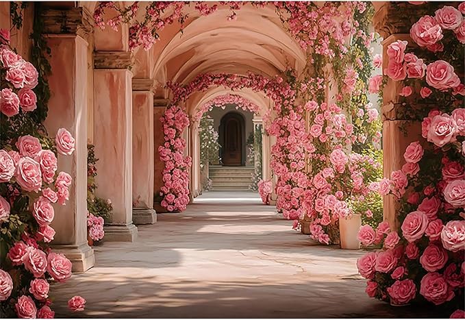 Baocicco 12x8ft Pink Flowers Backdrops for Photoshoot Rose Arch Corridor European Carving Wall Photo Background for Women Bridal Shower Birthday Marriage Valentines Mothers Day Backdrop Decorations