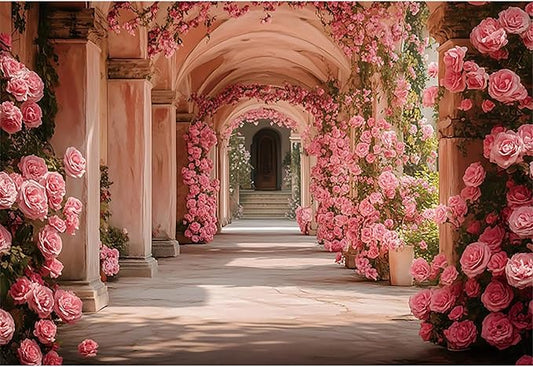 Baocicco 12x8ft Pink Flowers Backdrops for Photoshoot Rose Arch Corridor European Carving Wall Photo Background for Women Bridal Shower Birthday Marriage Valentines Mothers Day Backdrop Decorations