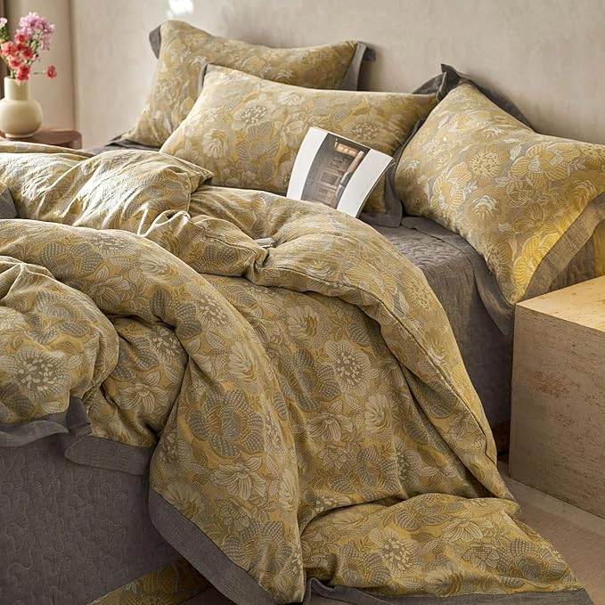 LifeTB Golden Floral Jacquard Duvet Cover Queen 3 Pieces Cotton Yarn-Dyed Textured Duvet Cover Vintage Flower Comforter Cover with Edge Design Boho Floral Bedding Duvet Cover with 2 Pillowcases
