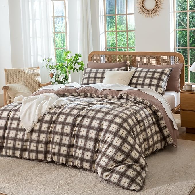 Comforter Set King Plaid 3 Pieces Soft Crinkle Gauze Fabric Plaid Bedding, Vintage Style Checkered Gingham Comforter Set for All Seasons Luxury Warmth Comfy Breathable with 2 Pillowcases
