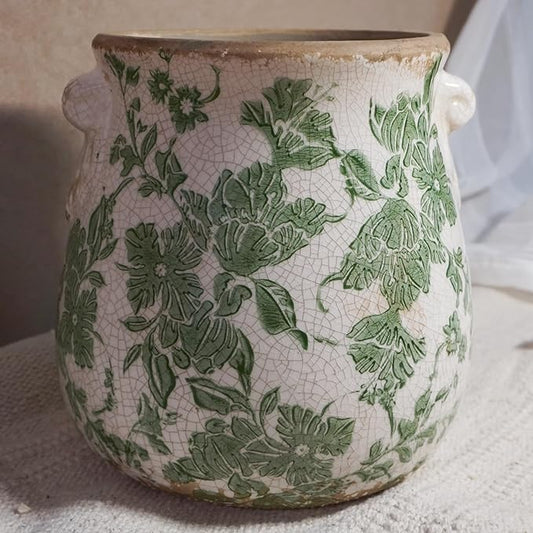 Vintage Green and White Ceramic Floral Vase Planter, Rustic Crackle Glaze Pottery Jar, Hand-Painted Floral Pot Design for Flowers or Plants, Farmhouse & Cottage Home Decor Accent