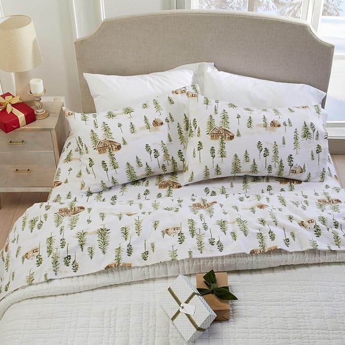 Market & Place 100% Cotton Twin Flannel Sheet Set | 3 Piece Deep Pocket Novelty Cozy Winter Bed Sheets | Double Brushed for Extra Softness & Comfort | Alpine Collection (Twin, Watercolor Forest)