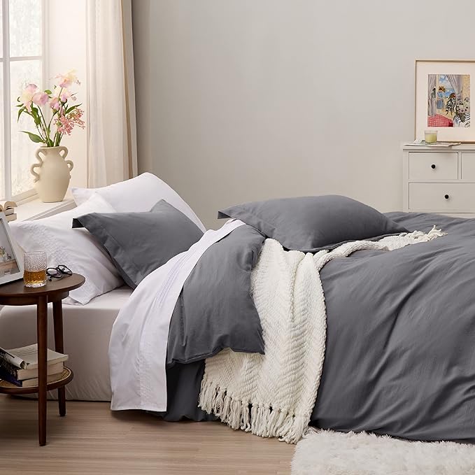 Bedsure Dark Grey Duvet Cover King Size - 3 Pieces Prewashed Cotton-Like Extra Soft Bedding Set, Includes 1 Duvet Cover 104x90 Inches with Zipper Closure & 2 Pillow Shams, Comforter Not Included