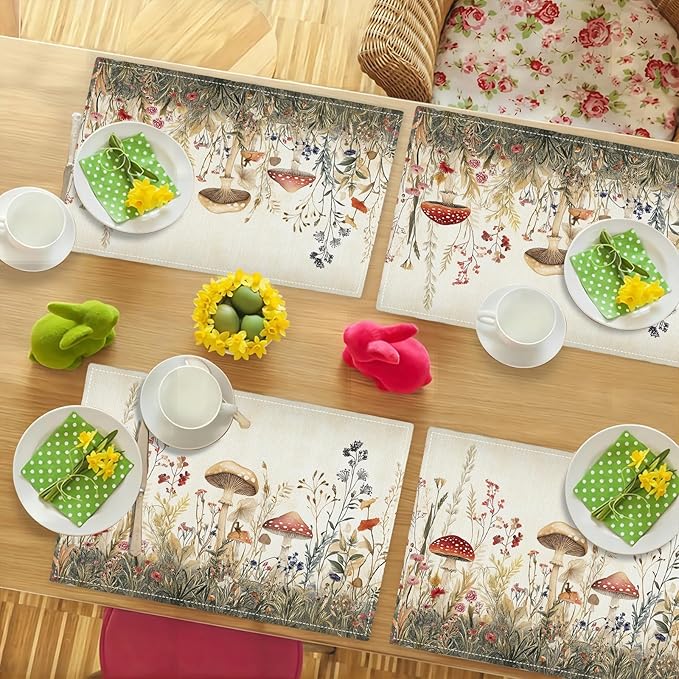 Cute Mushroom Placemats Set of 6, Flowers Plant Place Mats, Rustic Leaves Dining Table Mats, Washable Placemats for Kitchen Dining Room 18L'' × 12W''