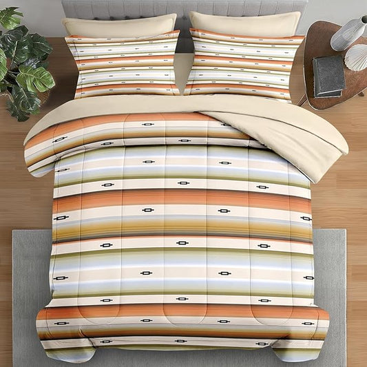 Comforter Set Queen Size, Geometric Tribal Striped 7 Pcs Bedding for Kids and Adults, Boho Modern Colorful Bed Sheet Sets with Fitted Sheet 2 Pillowcase & 2 Sham for Bedroom Bed Decor