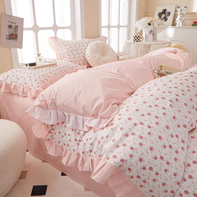 Ruffle Duvet Cover Queen Cute Red Flower Printed Lace Comforter Cover 100% Cotton Floral Duvet Cover Reversible Pink Striped Ruffle Comforter Cover Teen Girls Romantic Princess Bedding Sets Queen