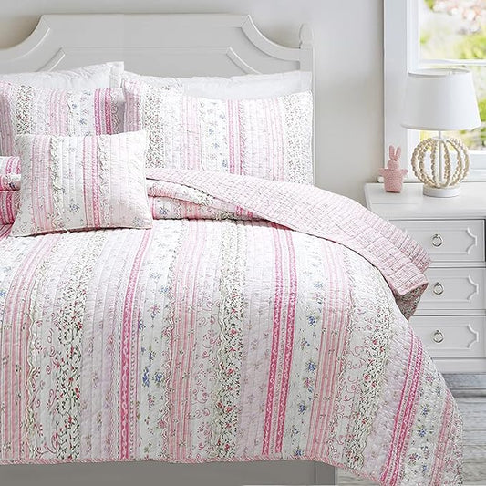 Cozy Line Home Fashions Shabby Chic Pink Flower Lace Ruffle Stripe 100% Cotton Reversible Quilt Bedding Set, Coverlet, Bedspread (Pink, Twin -3 Piece: 1 Quilt + 1 Sham + 1 Décor Pillow)