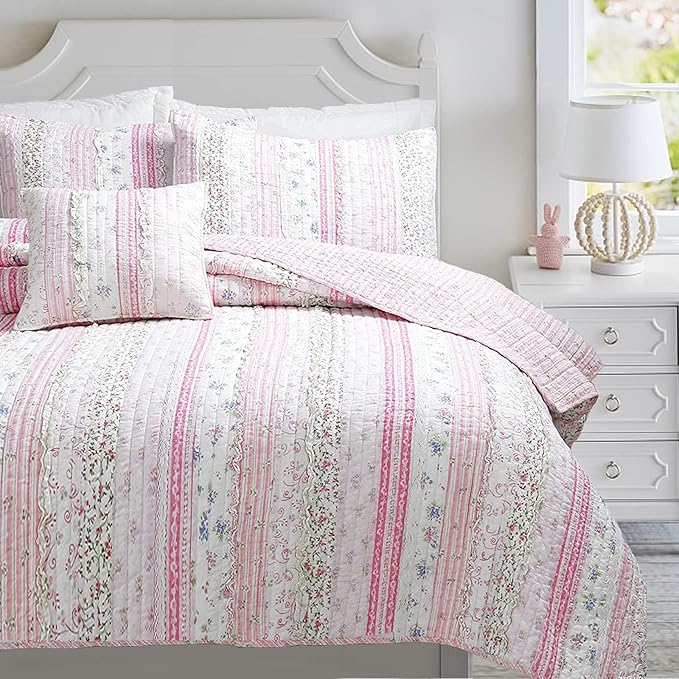 Cozy Line Home Fashions Pink Flower Lace Ruffle Stripe Shabby Chic Girl 100% Cotton Reversible Quilt Bedding Set, Coverlet, Bedspread (Pink Lace, Queen - 3 Piece: 1 Quilt + 2 Shams)