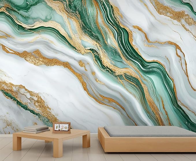 Green Gold Marble Wall Mural, Elegant Marble 3D Wall Murals, Luxury Stone Texture Wallpaper Mural, for Living Room Bedroom Large Wallpaper Indoor Decor 137.8" W x100 H