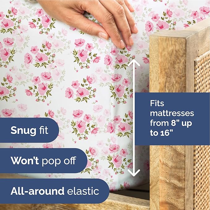 Floral Sheets - Pink Floral Bed Sheet Set - 1 Flat, 1 Fitted & 2 Pillowcases w/ Deep Pockets - Comfy, Wrinkle & Fade Free - Boho Botanical Bedding - Ultra-Soft, Breathable & Cooling - King Size Set