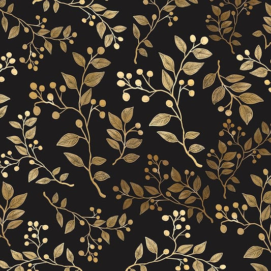 Dark Floral Peel and Stick Wallpaper, Vintage Gold Leaf Self-Adhesive Contact Paper for Bedroom Stair Shelves Drawer, Modern Black Yellow Gold Vinyl Removable Wallpapers 17.5In x 9.8Ft