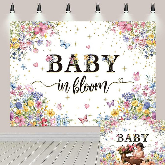 Baby in Bloom Backdrop Wildflower Baby Shower Party Photography Background Spring Floral Gold Glitter Butterfly Banner for Girls Baby Shower Newborn Birthday Party Decorations (94X70 inch (8x6FT))