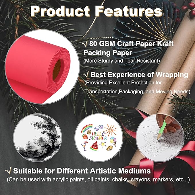PATIKIL Wrapping Paper, 12"x315"(26') Bulletin Board Paper Roll Kraft Paper Roll Construction 80GSM for Shipping Packing Gift Wrapping Craft Flower Bouquet Christmas, Red
