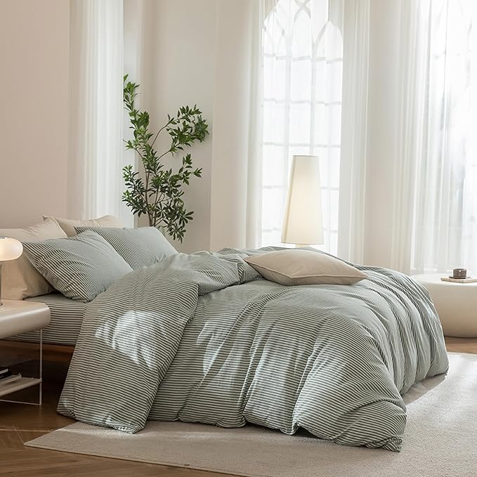 JIYUAN 100% Washed Cotton Striped Duvet Cover Set 3 Pieces King, 1 Duvet Cover and 2 Pillowcases(Comforter Not Included),Linen Like Bedding Set Comfy and Breathable,Pinstripes-Heathered Green White