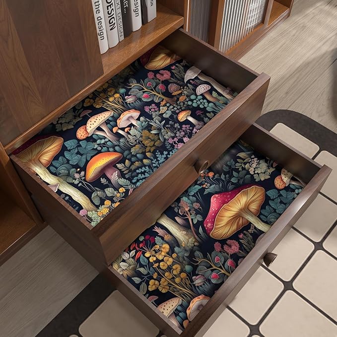 Black Colorful Mushroom Contact Paper Floral Wallpaper Peel and Stick Vintage Wall Paper for Backsplash Kitchen Cabinet Removable Waterproof 17.5 x 118In
