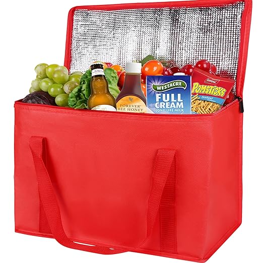 Beach Bag with Cooler Insulated Insulation Grocery Bags,Shopping Red, Reusable, Heavy Duty, Zipped Zipper,Collapsible,Tote,Cooler,Groceries,for car,Recycled Material Warm Foldable Bag…