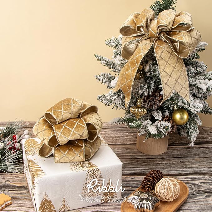 Ribbli Champagne Gold Velvet Ribbon Wired with Glitter Diamond Grid 2-1/2 Inch Christmas Ribbon for Christmas Tree Decoration Big Bow Gift Wrapping Crafts Wreaths Garland Supplies - 10 Yards