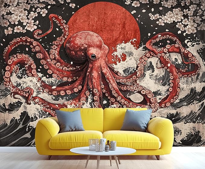 Japanese Wave Octopus Wall Mural, Japanese Traditional 3D Wall Murals, Ocean and Octopus Wallpaper Mural, for Living Room Bedroom Large Wallpaper Indoor Decor 118" W x 82.6 "H